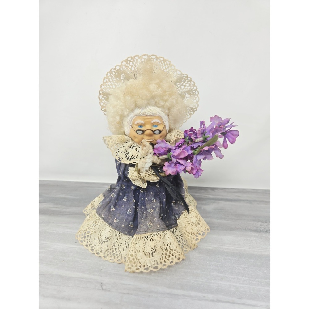 Vintage Hand Crafted Grandma Granny Doll with Lace Dress and Purple Lilac Flower